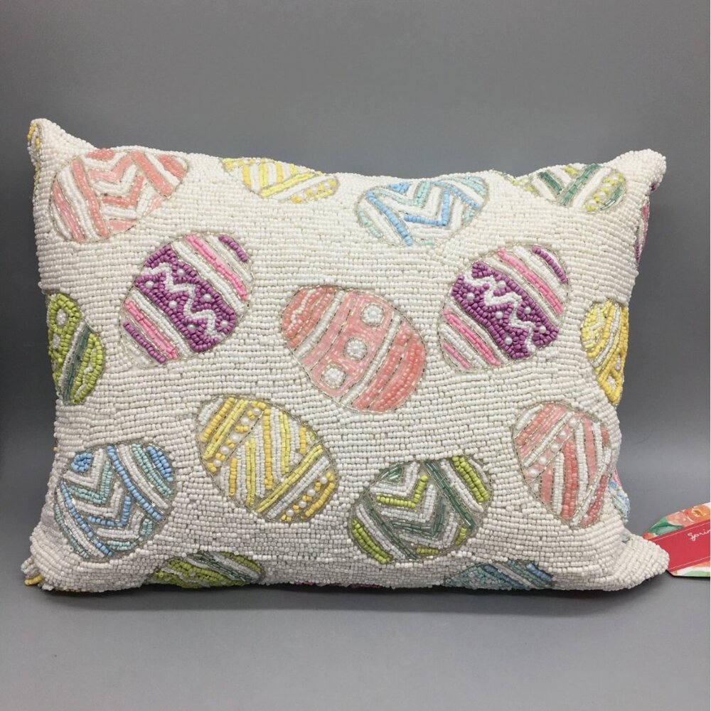 Colorful Easter Eggs Beaded Throw Pillow 12x16 Spring Decor Pink Blue Yellow